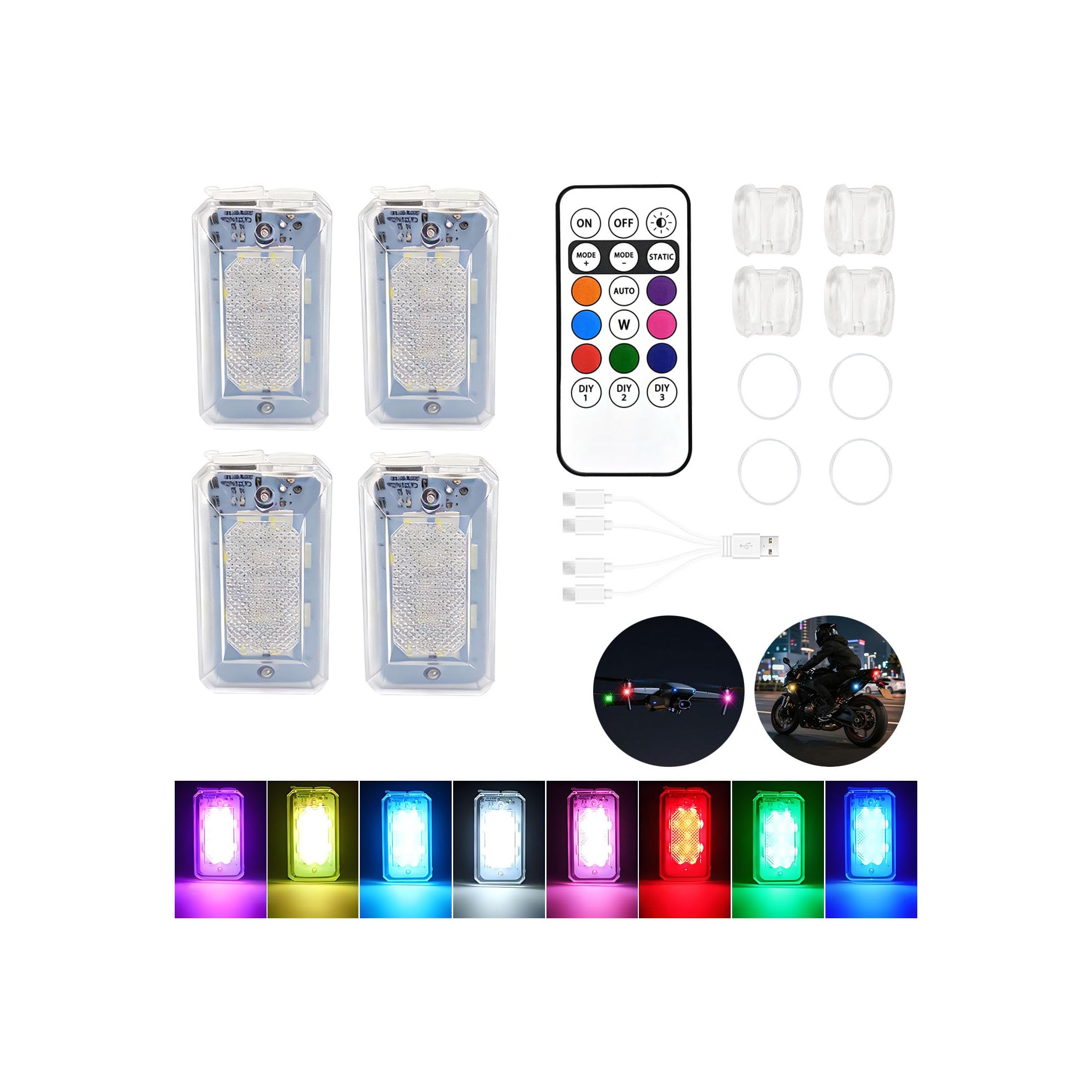 4 Pièces Lumières stroboscopiques LED pour Voiture avec télécommande, lumière stroboscopique Anti-Collision pour Avion, 8 Couleurs, lumière ambiante LED Rechargeable par USB pour Voiture, Drone, Moto