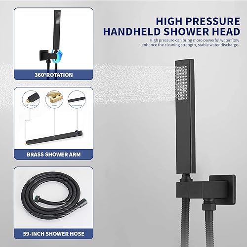 Miniatura 4 de BWE Grifo de ducha negro de 10 pulgadas, cuadrado de lujo, sistema de ducha mezclador de lluvia, juego completo de 2 funciones, equilibrio de