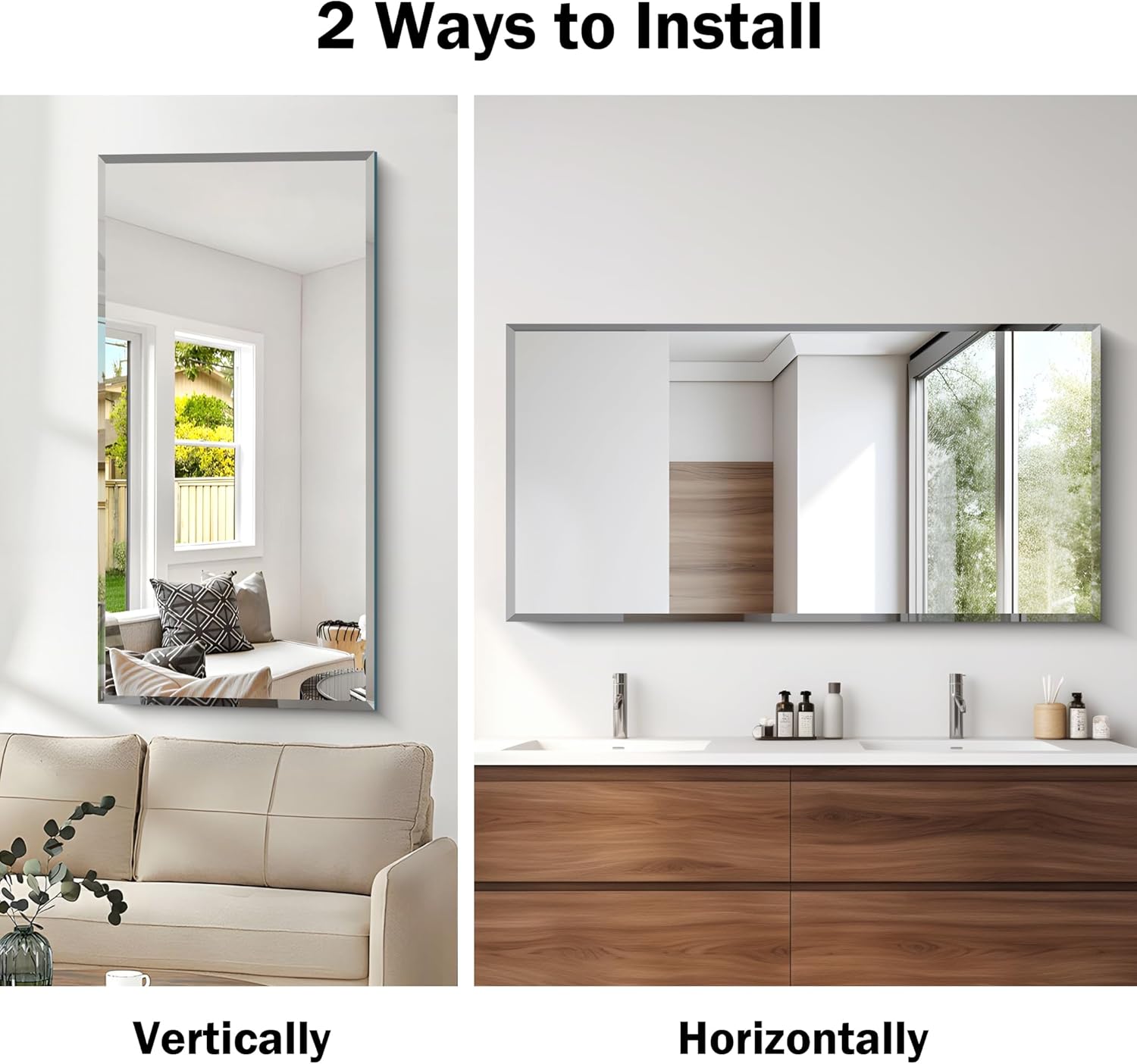CILIBER 48x24 Beveled Mirror, Frameless Beveled Bathroom Mirrors for Over Sink, Decorative Beveled Vanity Mirror, 3mm Tempered Glass, Lightweight Design, Hangs Horizontally or Vertically