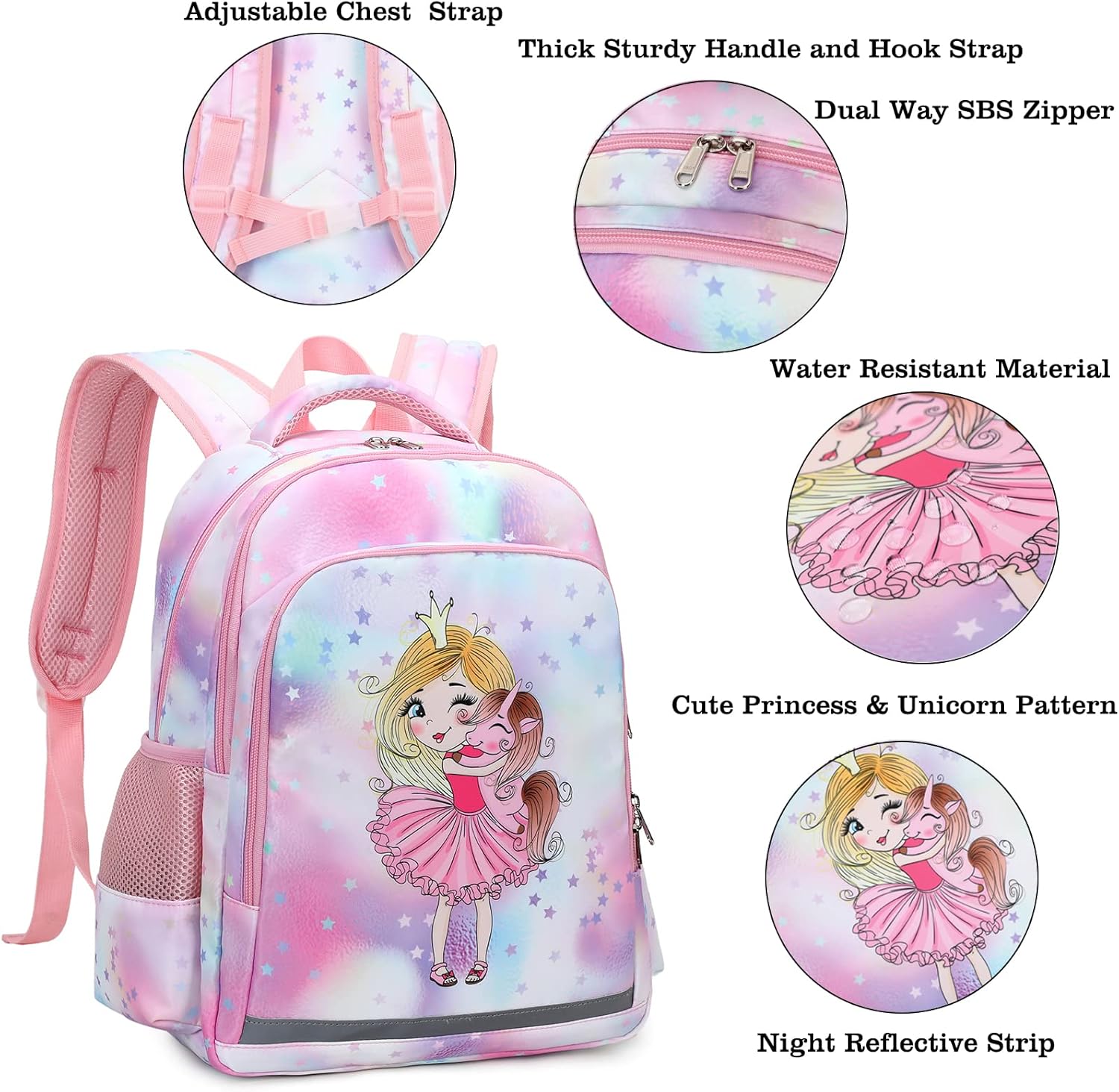 YCBB Kids Backpacks for Girls Princess & Unicorn School Backpack Set with Lunch Tote Bag Lightweight Preschool Kindergarten Elementary School Backpacks