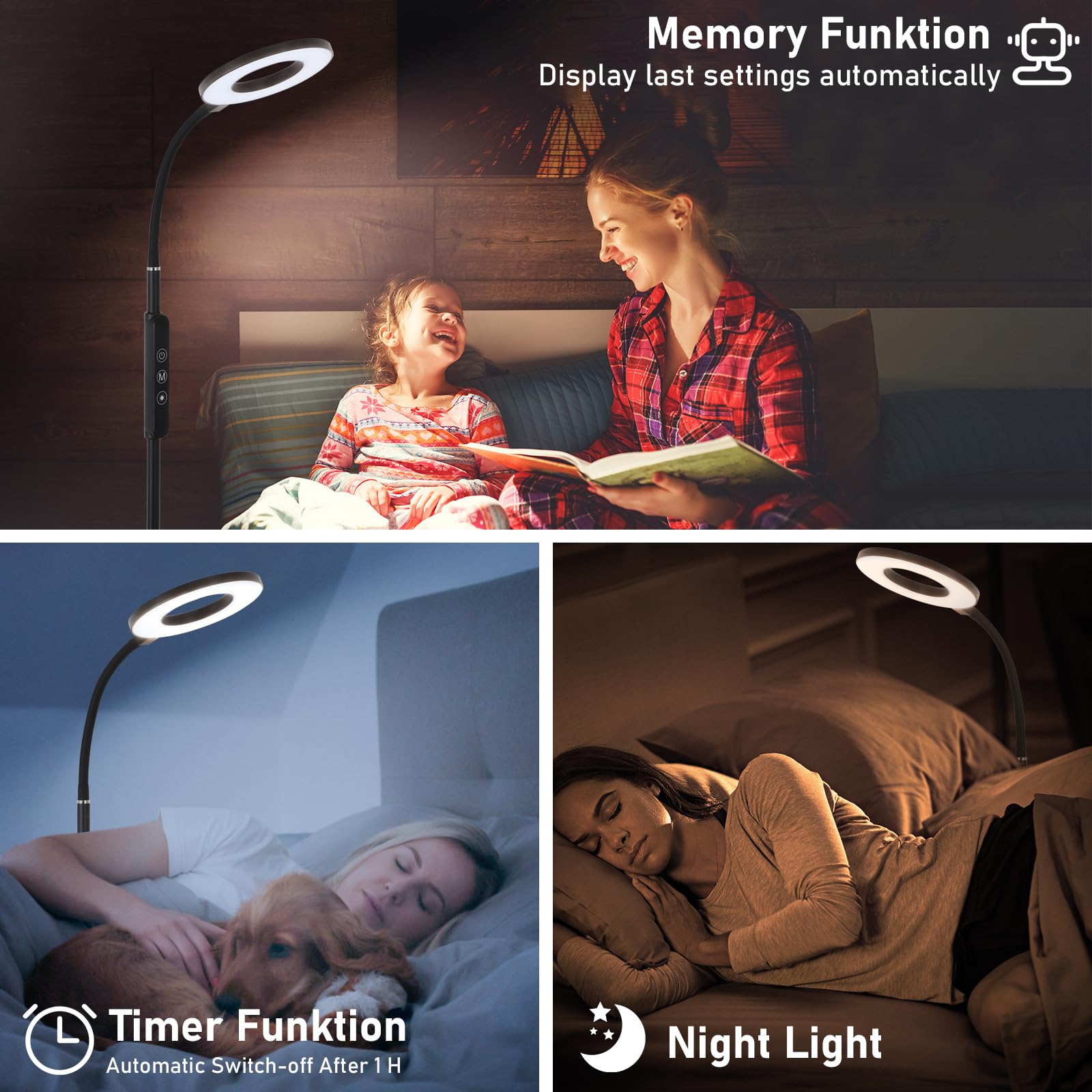 Oraymin LED Stehlampe Wohnzimmer 12W, LED Leselampe Bett mit Fernbedienung, 1H Timer & Memory Funktion, Schwanenhals 360° Verstellbar Stehlampe mit 3 Farbtemperatur, Stehlampen für Schlafzimmer Büro
