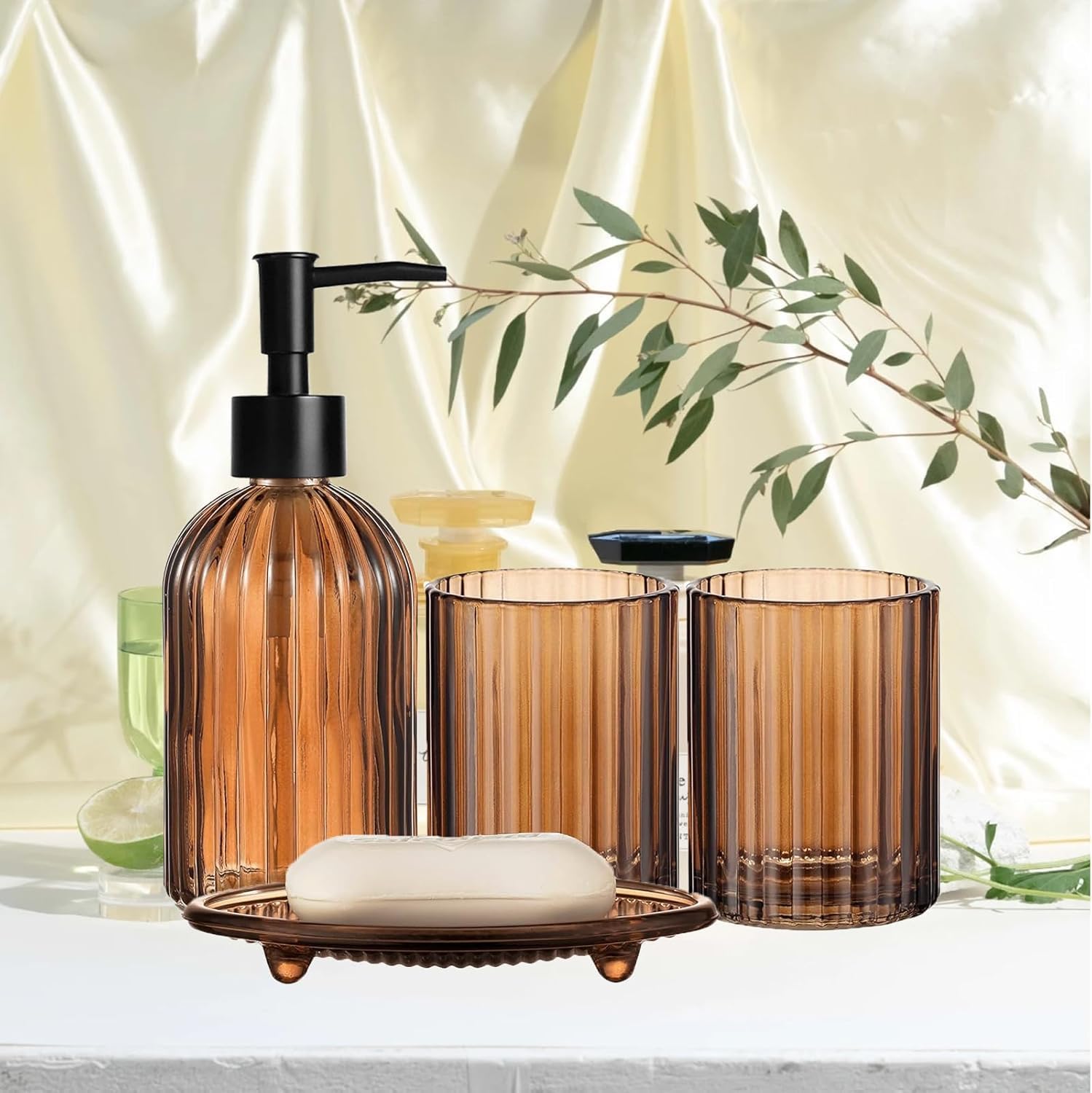 Bathroom Accessories Set, Brown Glass Bathroom Accessory Sets | Complete Includes Soap Dispenser, Toothbrush Holder, Mouthwash Cup, Soap Dish for Bath Decor, Countertop Vanity Organize
