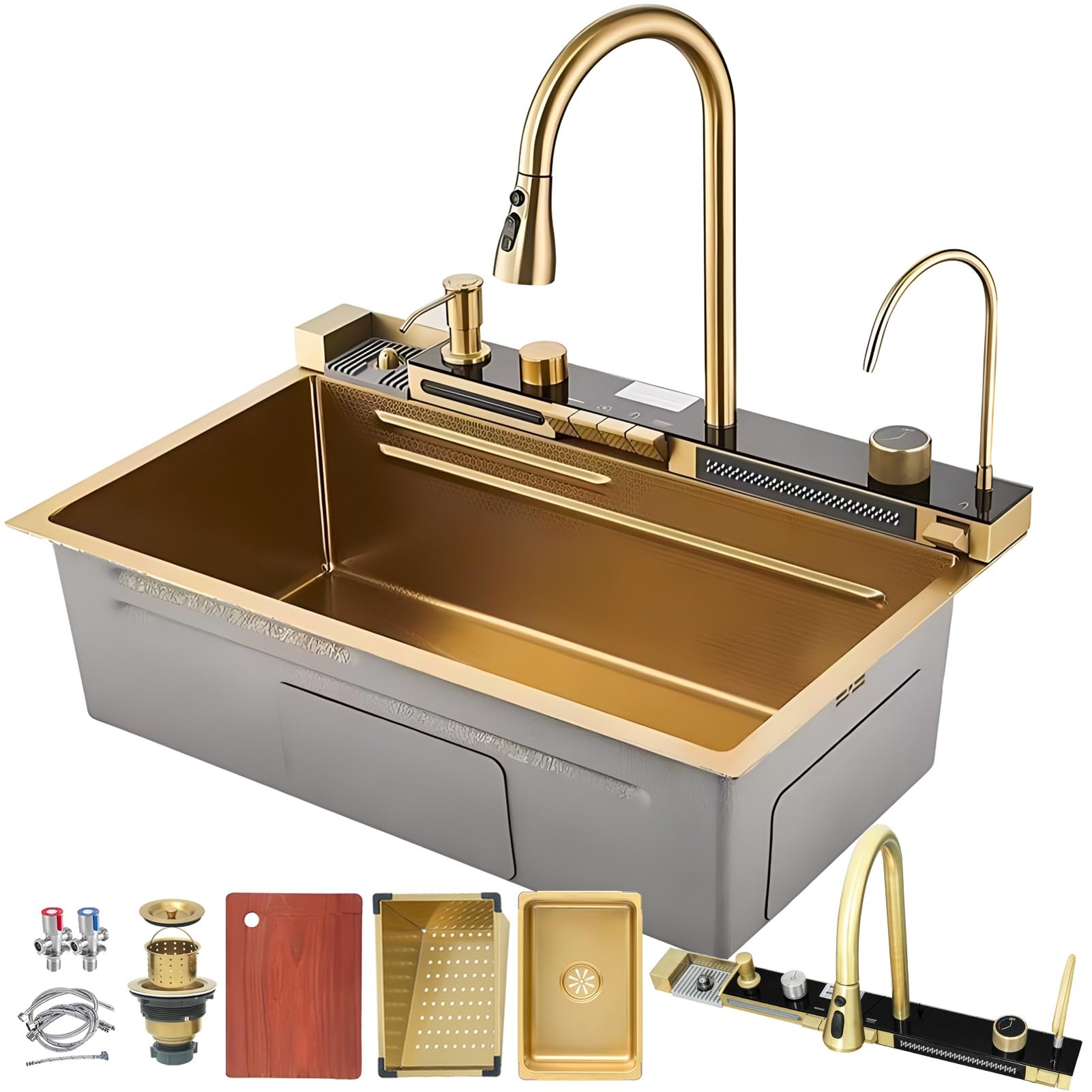 LMYSXAOZ Large Capacity Waterfall Kitchen Sink with Black Stainless Steel Finish, Single Bowl Farmhouse Sink, Nano-Coated Bar Prep All in one Pull-Out Faucet, Glass Washer, and Drain Basket