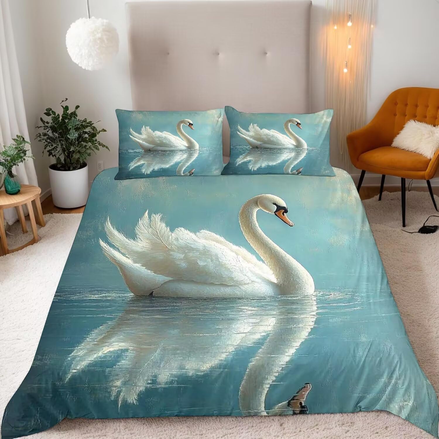 Housse de couette 140x200 cygne TaRvit avec taie d'oreiller 65x65 en microfibre bleue
