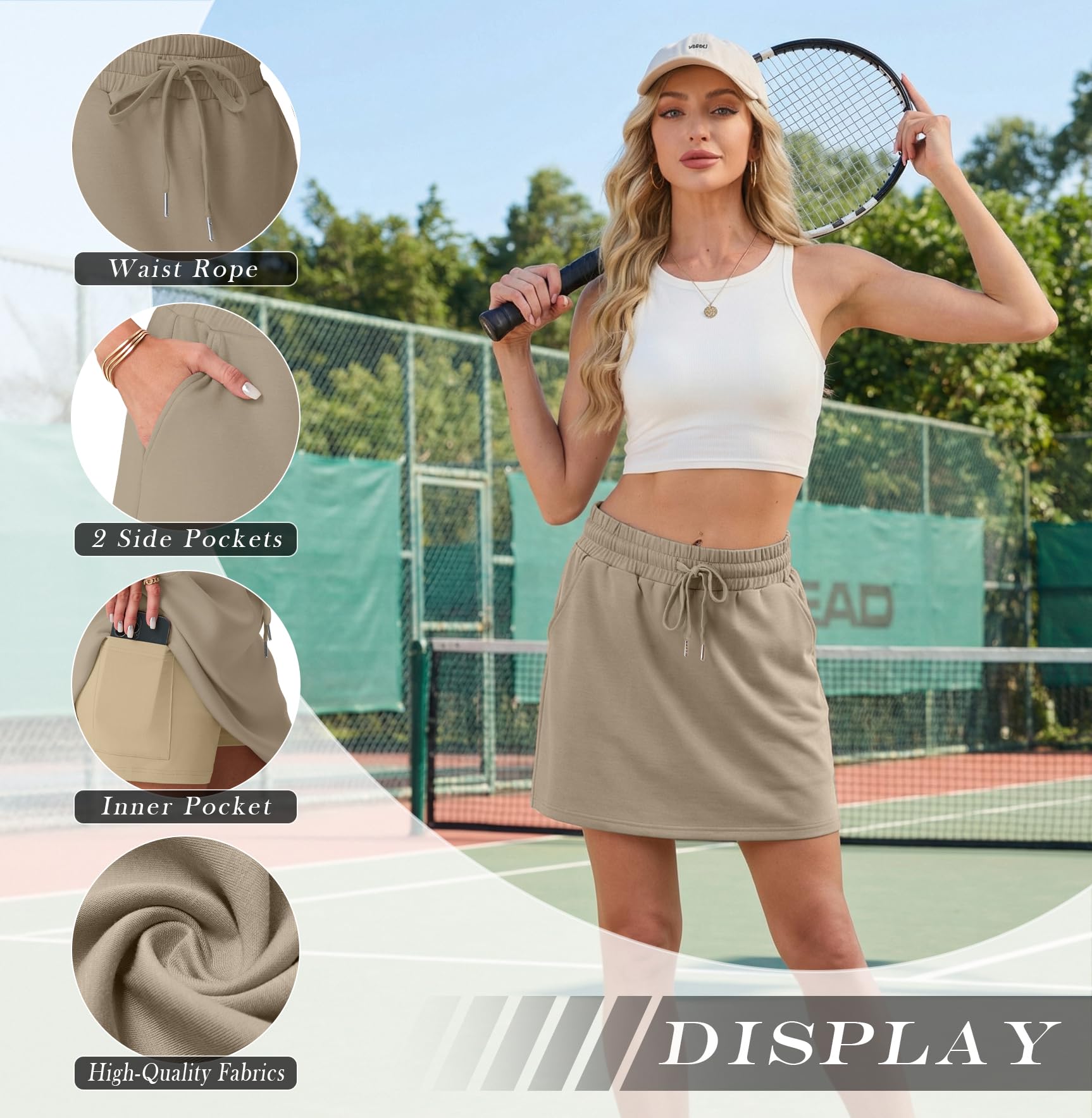 GRECERELLE Skort - Falda de tenis para mujer con pantalón inferior, falda corta para deporte y ocio, falda acampanada, cintura elástica, falda deportiva