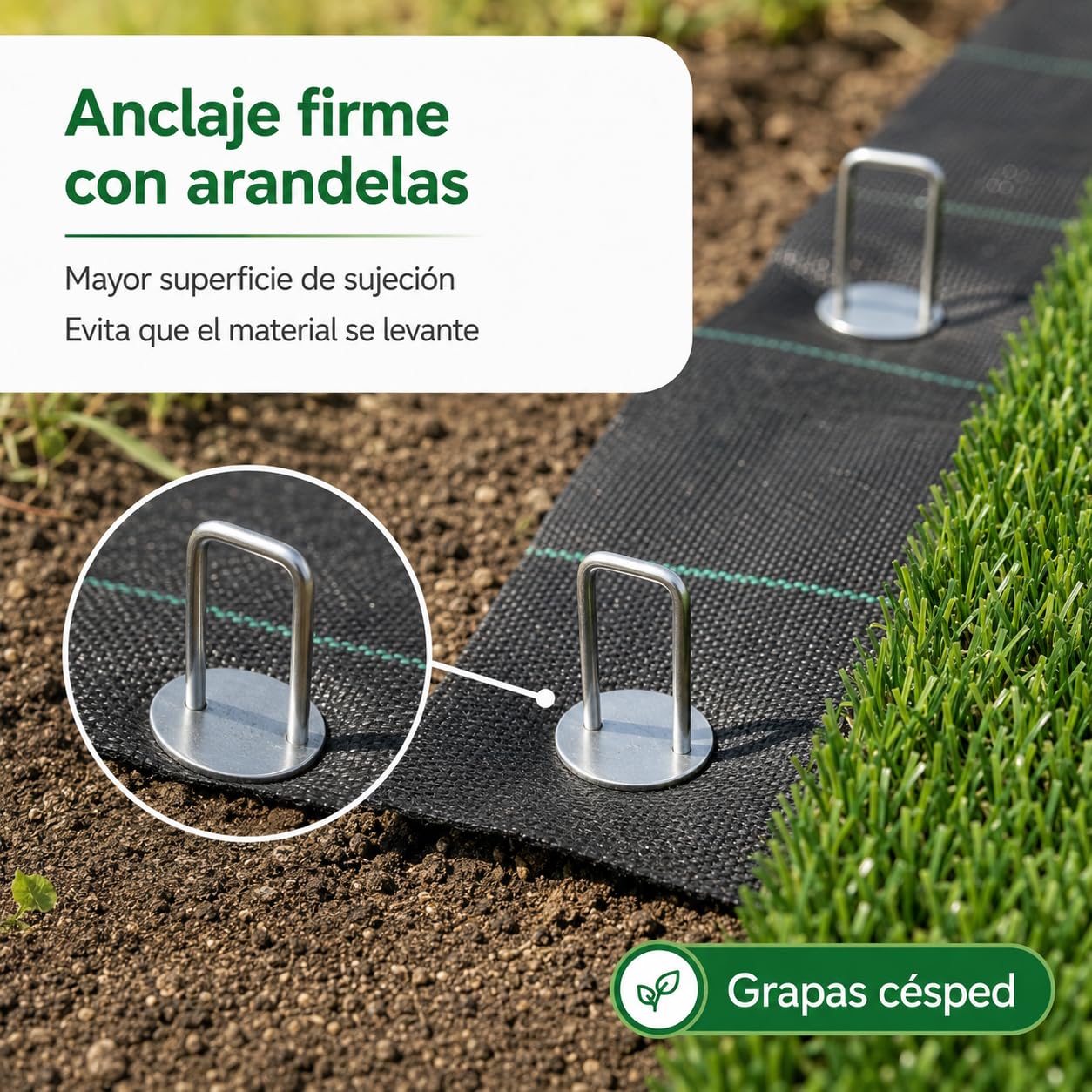 Grapas para Césped Artificial - 100 Piquetas + 16 Arandelas - Mallas Antihierba - Piquetas Camping Suelo Duro - Clavos Jardín - Anclaje Suelo - Metal - 3mm - 15x3x15cm