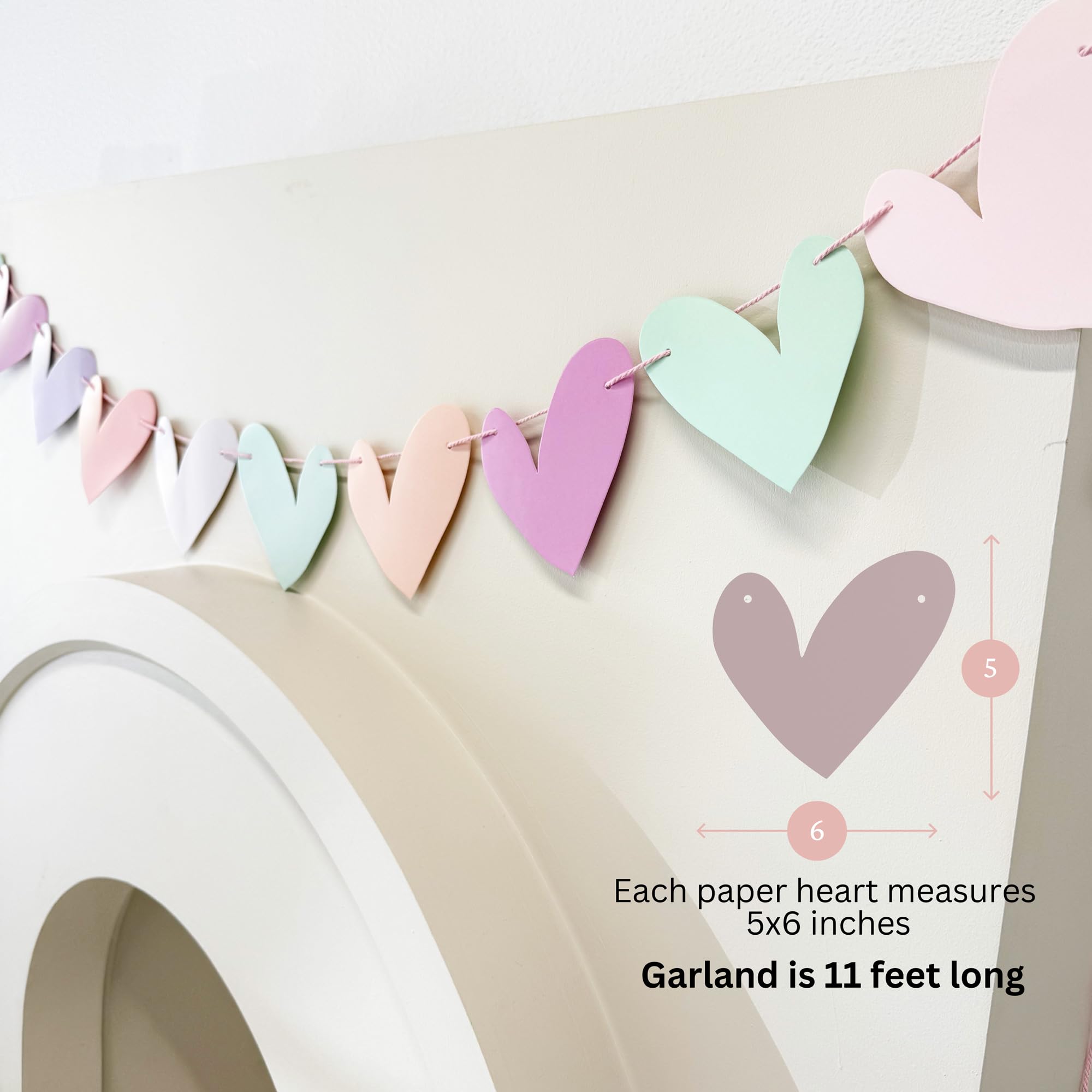 Guirnalda de corazón de papel bohemio para decoración del día de San Valentín, 16 corazones de conversación pastel para fiestas galentinas, pancarta de San Valentín preencordada de 11 pies hecha con