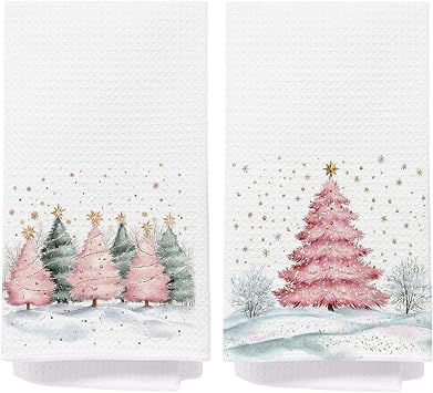 Pastel Pink and Green Christmas Tree Kitchen Towels, Rustic Winter Snowflake Dish Tea Towels, Farmhouse Christmas Xmas Forest Pine Trees Hand Towel for Bathroom Kitchen, 16x24 Inch Set of 2