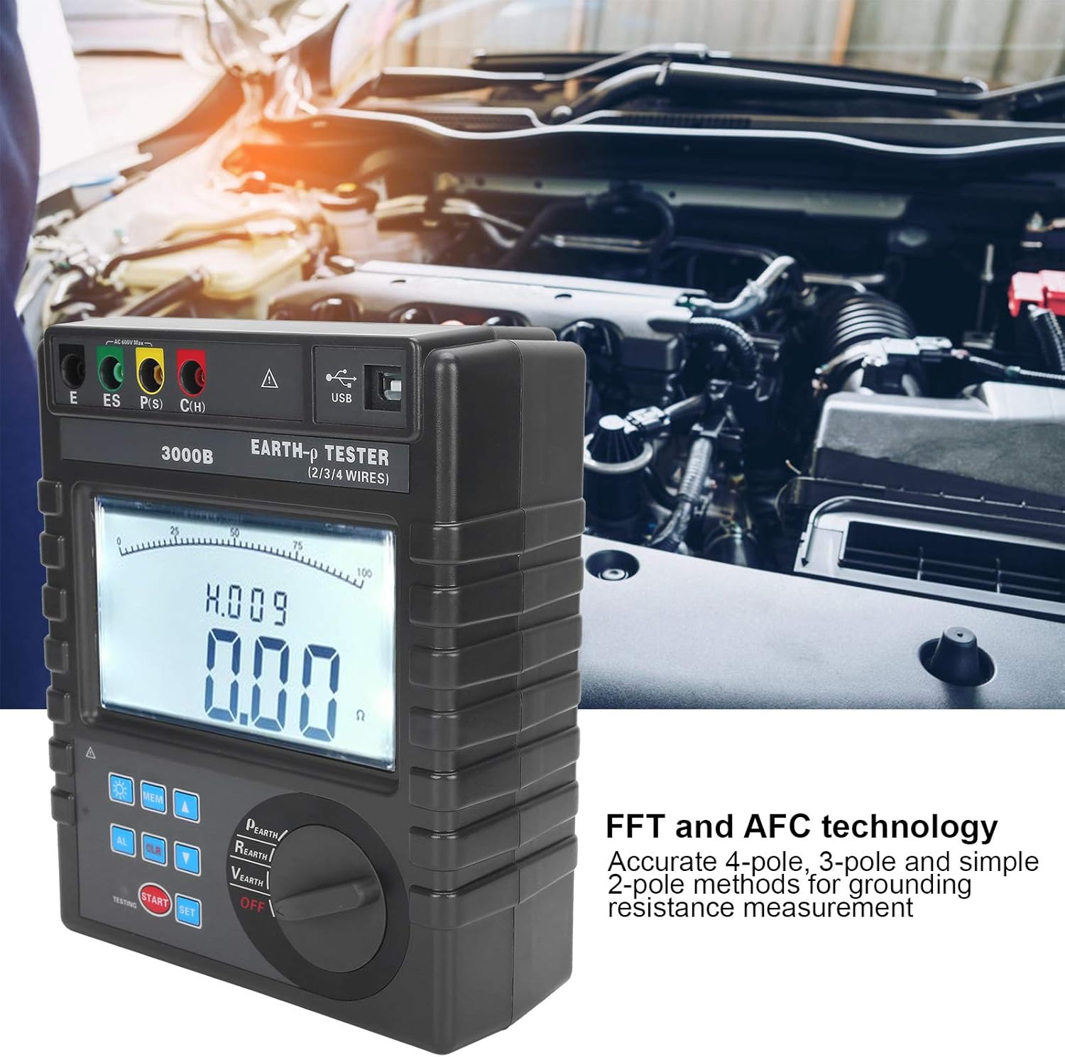 0-9000kΩm Digital Soil Resistivity Meter, Digital Earth Resistance Tester 2‑Pole/3-Pole/4-Pole for Soil Resistivity, Ground Voltage, AC Voltage Measurement