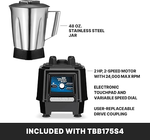 Vista 3 de Waring Commercial TBB175S4 Torq - Batidora de barra de velocidad variable de 48 onzas con tarro S/S, 120 V, enchufe de 5-15 fases, negro