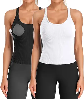  Ribflex Ribbed Workout Crop Tops with Built-in Bra for Women | Removable Pads, Light-to-Medium Support, Racerback, Scoop Neck, Waist Length, Seamless Stretch, Yoga Athletic Gym Running
