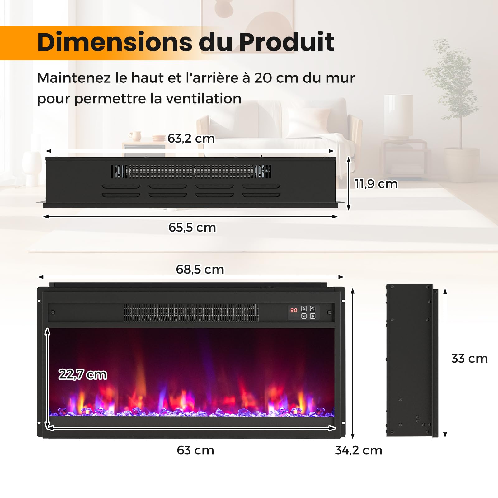 GOPLUS Cheminée Electrique avec Effet Flamme LED 1500W, Chauffage Réglable 17-32℃, Fausse Cheminée 8 Couleurs et 3 Luminosité Réglable, Cheminee Decorative Intégral avec Télécommande, Minuterie 9H