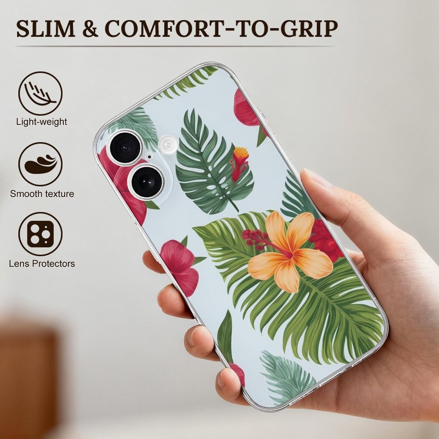 Clear Phone Case for iPhone 17 Case, Hawaiian Tropical Leaves Flowers Prints Shockproof TPU Cell Cover with Wireless Charging, Anti-Yellowing, Transparent image 3