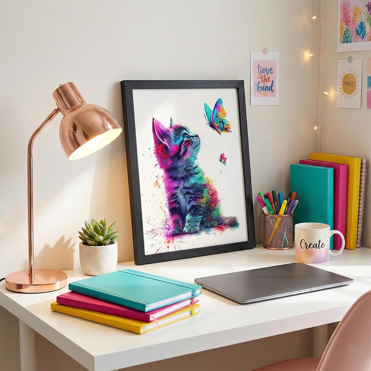 Ypxzzj Framed Kitten and Butterfly Watercolor Wall Art - Rigid Backboard Canvas, No-Drill Damage-Free Installation - Whimsical Boho Nursery Decor for Girls Bedroom & Playroom (12’’x16’’)