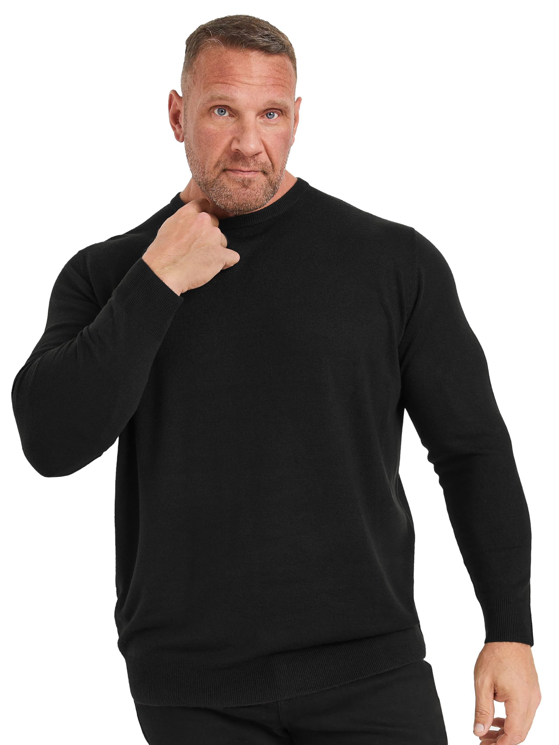 BadRhino Mens Black Crew Neck Knitted Jumper - Long Sleeve Ribbed Hem - Size 5-6XL