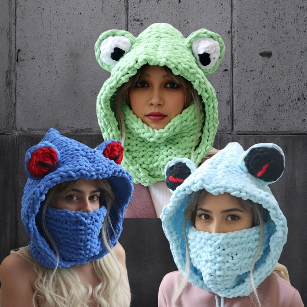URAWOW Frog Bear Balaclava Face Mask Men Women Winter Crochet Knit Hat Neck Warmer Cute Animal Ears Hooded Cosplay Halloween - Image 7