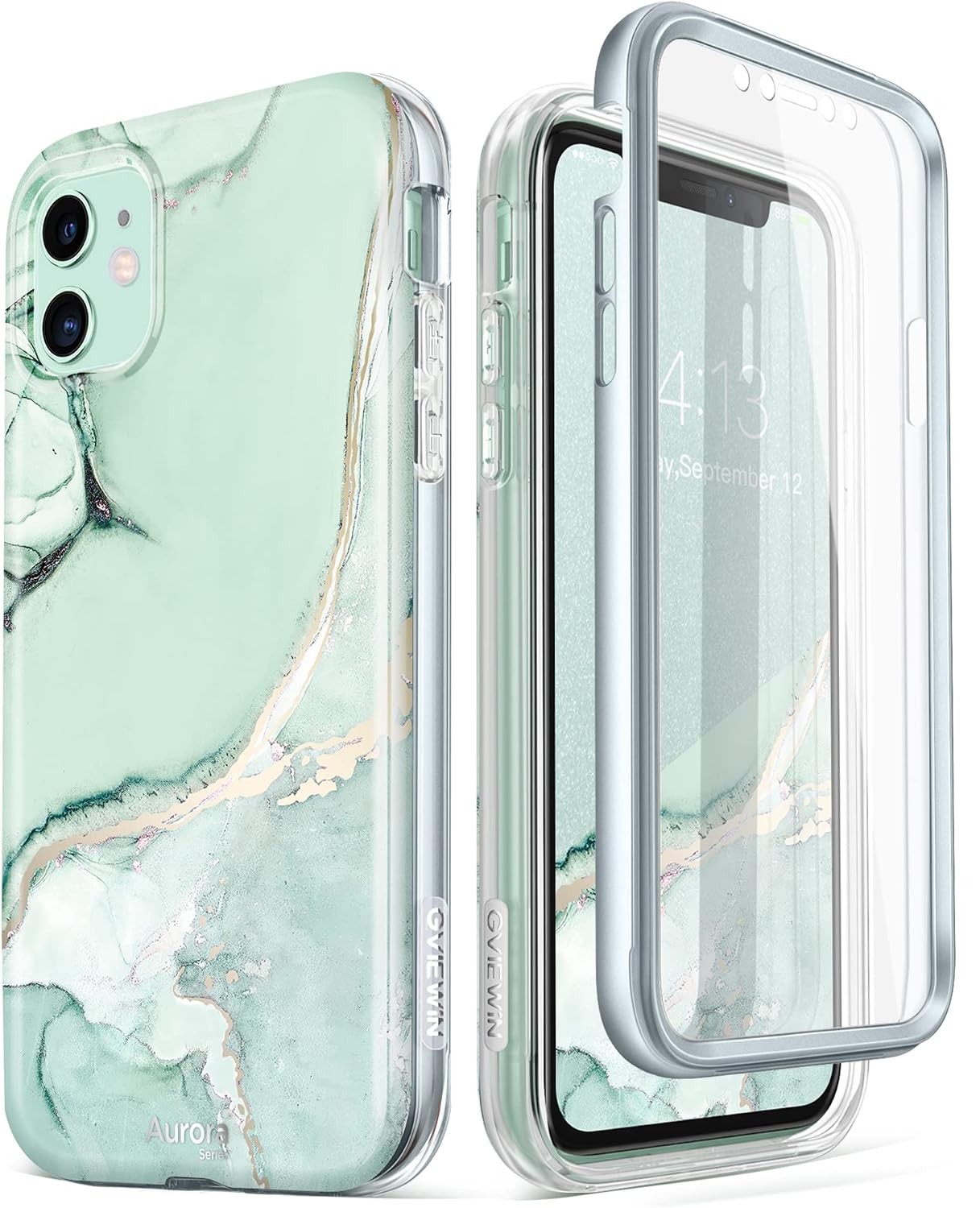 GVIEWIN Designed for iPhone 11 Case 6.1 Inch, [Built-in Screen Protector] [Full-Body Protection] Stylish Marble Shockproof Protective Phone Case Slim Thin Cover (2019 Release) (Mint Green)