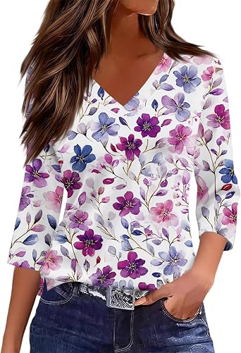 Womens V Neck Tops Cotton Blend 3/4 Length Sleeve T Shirts Blouses Floral Graphic Tees Comfy Summer Outfits