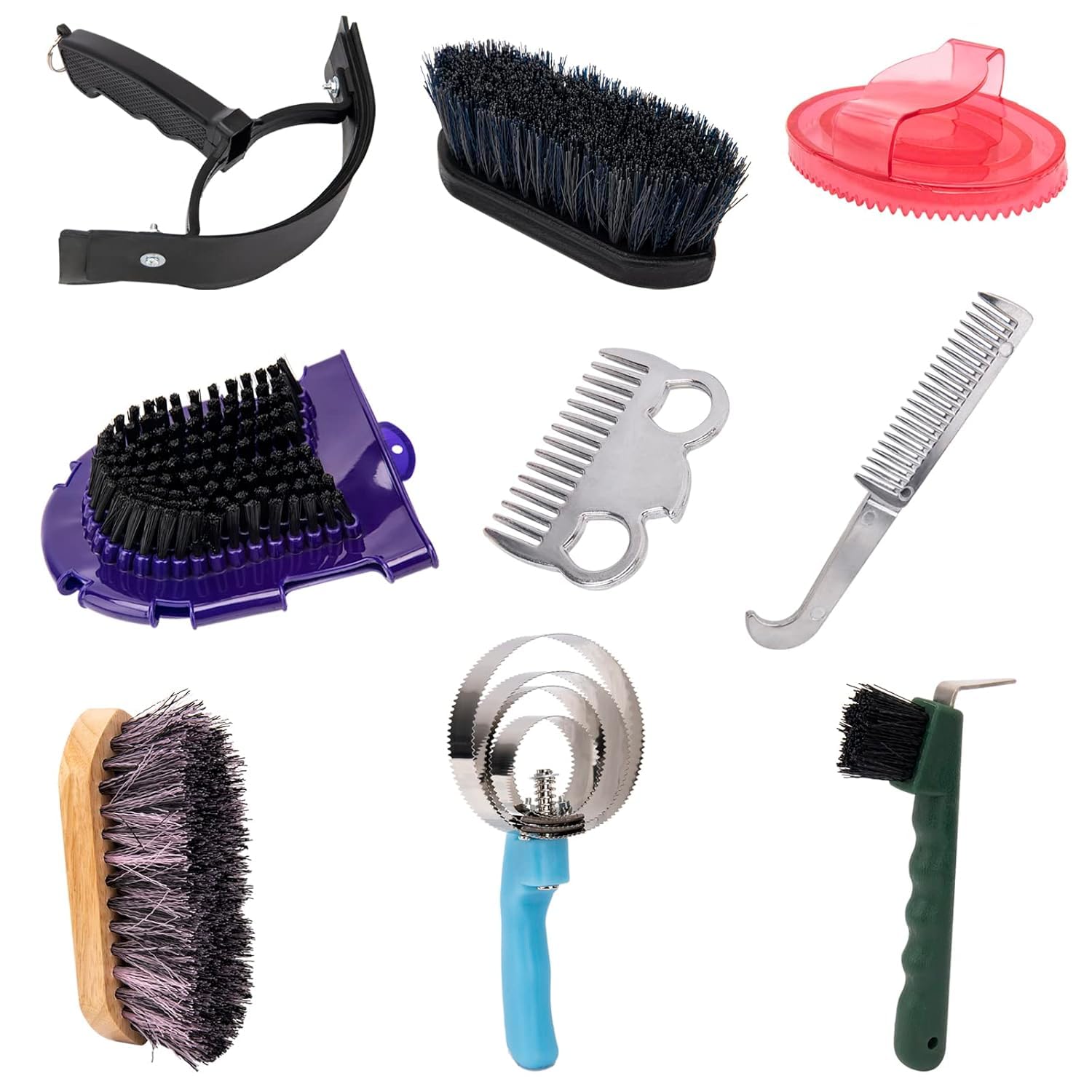 Horse Grooming Kit, Horse Brush Set, 10Pcs Horse Cleaning Kit with Brush, Sweat Scraper, Curry Comb, Hoof Pick, Tote Bag