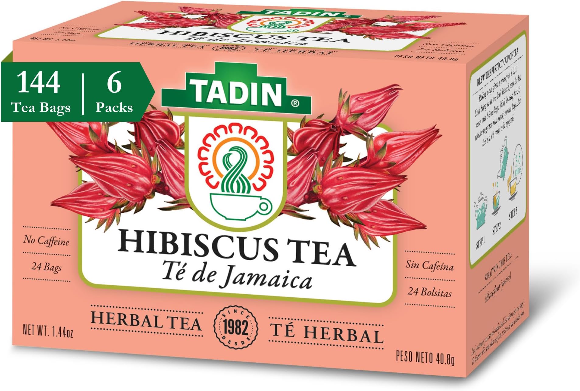 Tadin Hibiscus Herbal Tea, Caffeine Free, 24 Tea Bags Per Box, Pack of 6