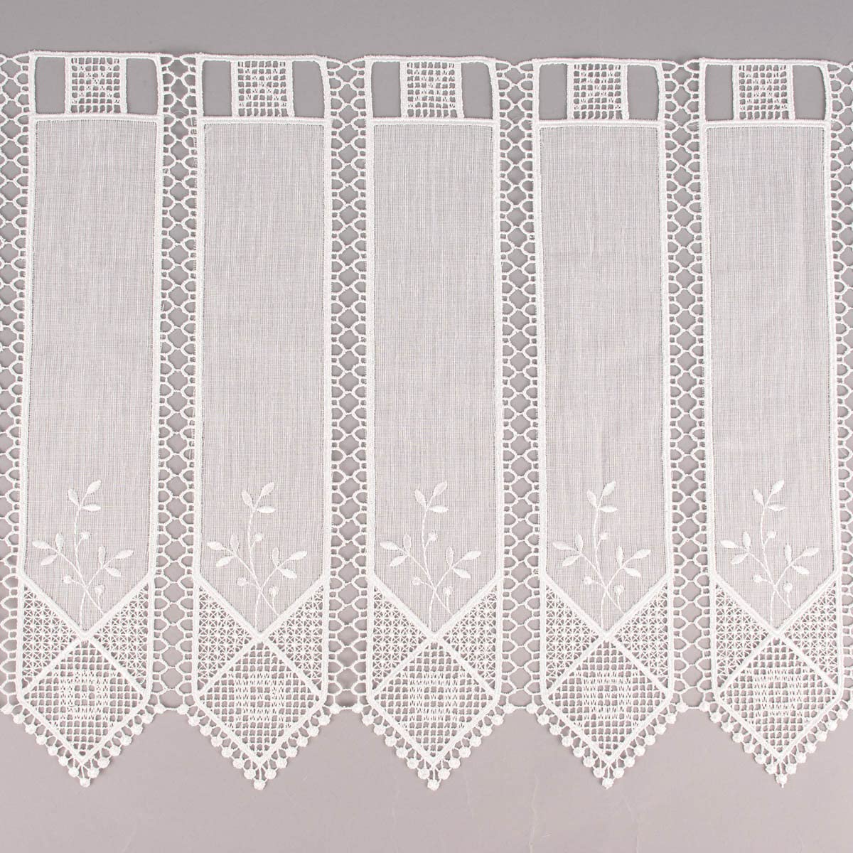 Rideau brise-bise sans couture aspect lin crochet broderie feuilles écru, hauteur 45 cm