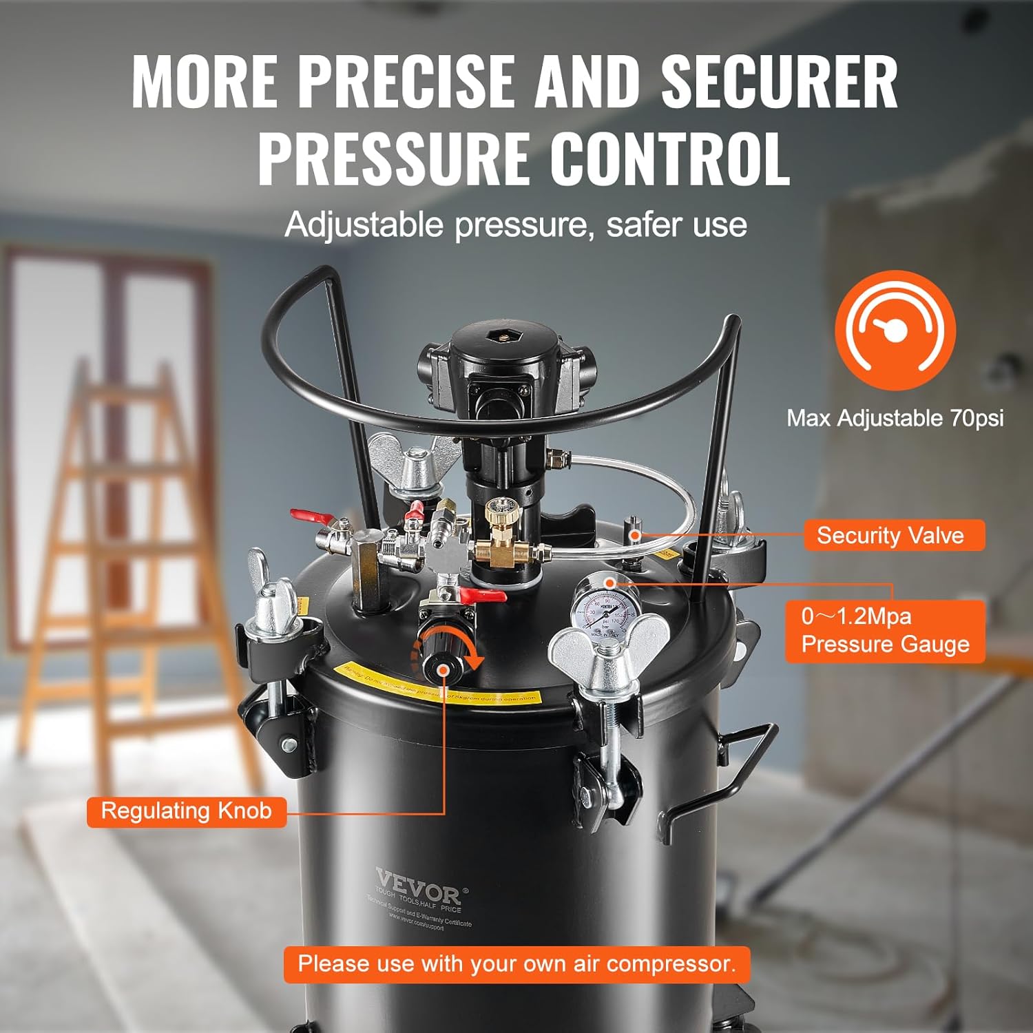 VEVOR Spray Paint Pressure Pot, 30 L/7.5 gal Fully Automatic Stirring Pressure Pot Tank, 70 psi Adjustale Pressure, Pressure Pot Paint Tank with Spray Gun and Hoses, for Home Decor Industry Painting