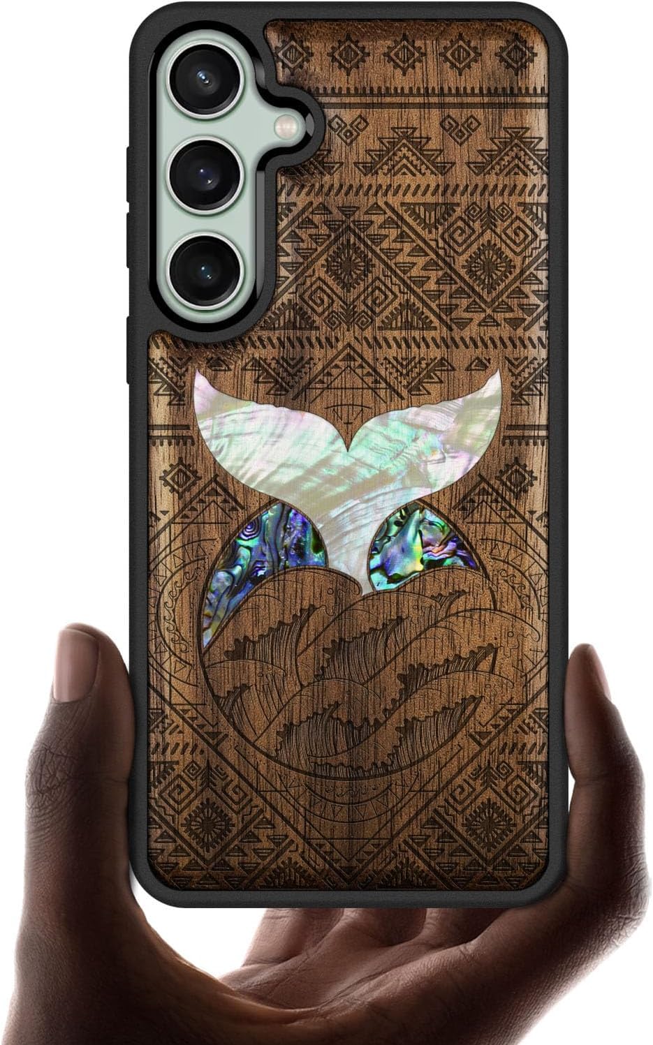 Carveit Designer Wooden Case for Samsung Galaxy S23 FE Cover [Wood Engraving & Shell Inlay] Compatible with Wireless Chargers S23 FE Case (Whale Tail-Walnut)