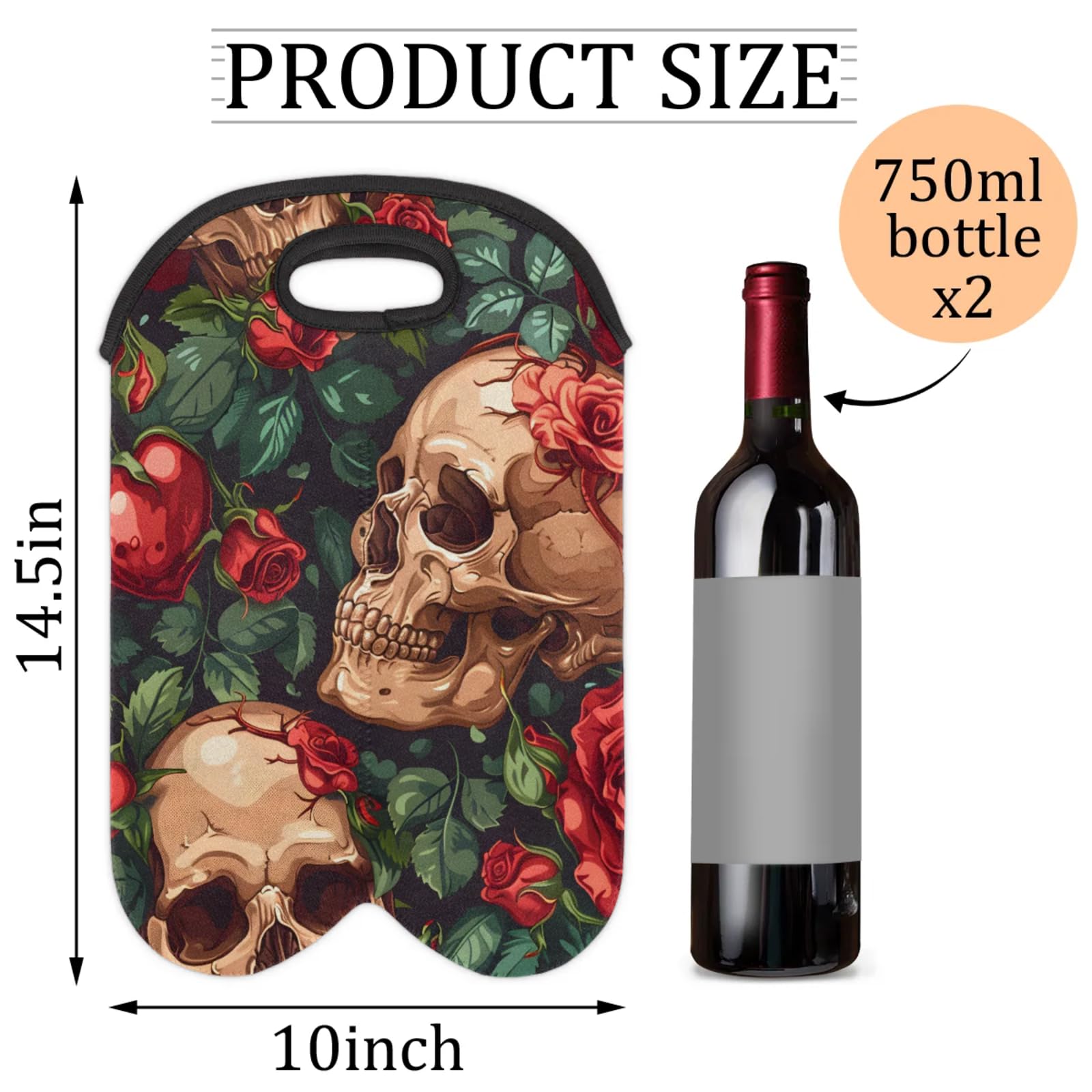 GzLeyigou 2 Bottles Skull with Rose Wine Bag Sleeve Totes Neoprene Protective Wine Carrier Bag for Wine,Water, Champagne, Beer, Baby Bottles,Gift 14.5 x 10 Inches