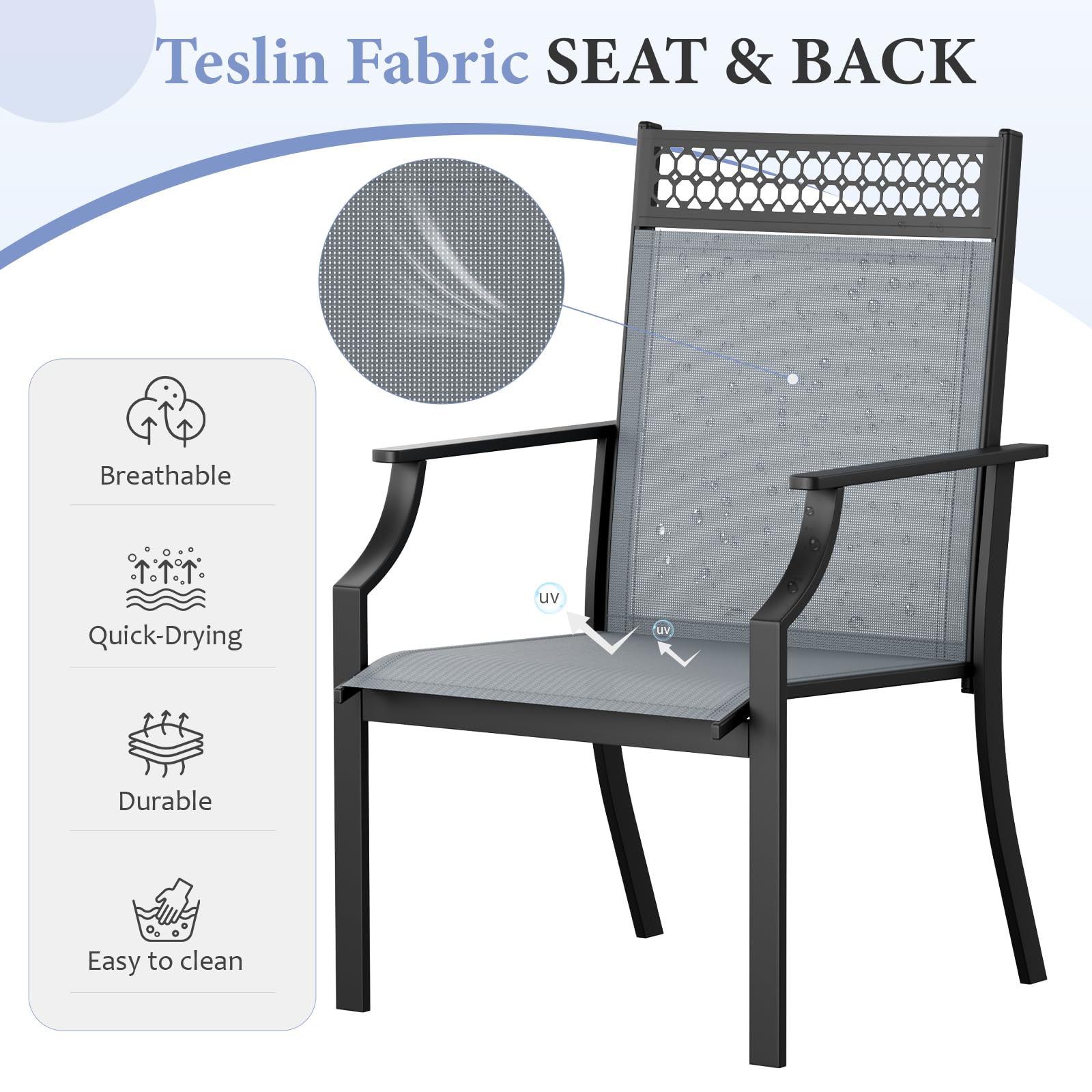 LIFERUN Juego de 4pcs sillas de jardín, Asiento Ancho con Tela Teslin, Transpirable, de Secado rápido, hasta 120 kg, para jardín, terraza, balcón, Zona de Piscina (Gris)
