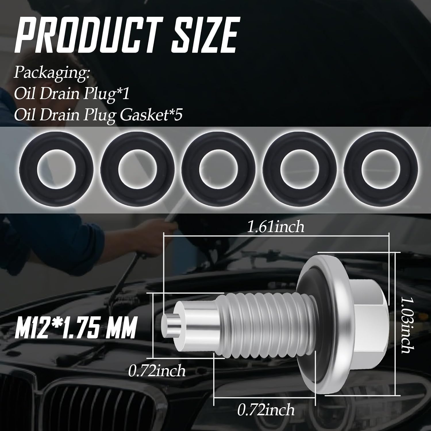 M12x1.75 Magnetic Oil Drain Plug Replacement OEM 10017615/653096US with 5PCS Oil Drain Plug Gasket,Durable Oils Pan Drains Plugs Compatible with Cadillac/Chevrolet,Essential Oils Plugs (M12*1.75)