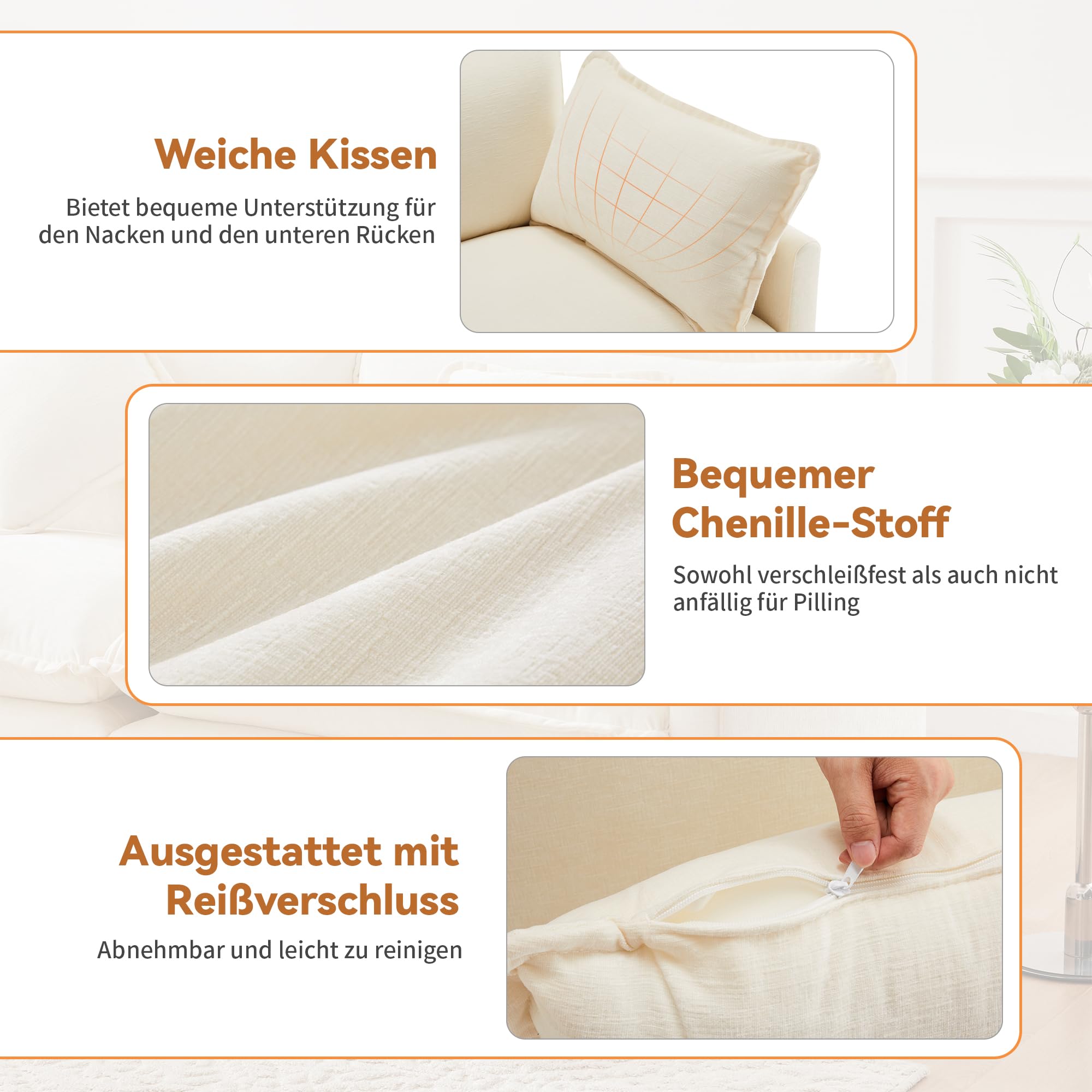 Zepneiy Divano a tre posti dal design moderno, tessuto ciniglia, divano ad angolo a L con poggiapiedi adatto per soggiorno e camera da letto, beige