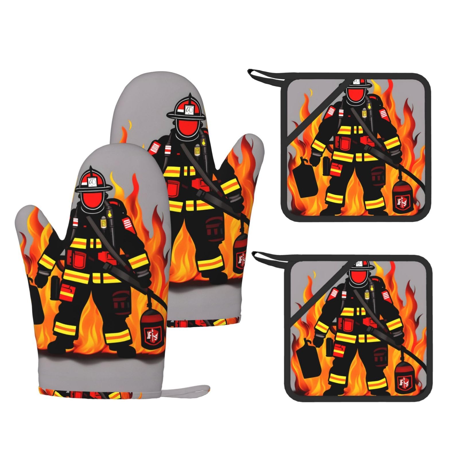 Firefighter Fireman Print Kitchen Heat Resistant Set,Cooking Kit With Hanging Loop For Baking & Bbq