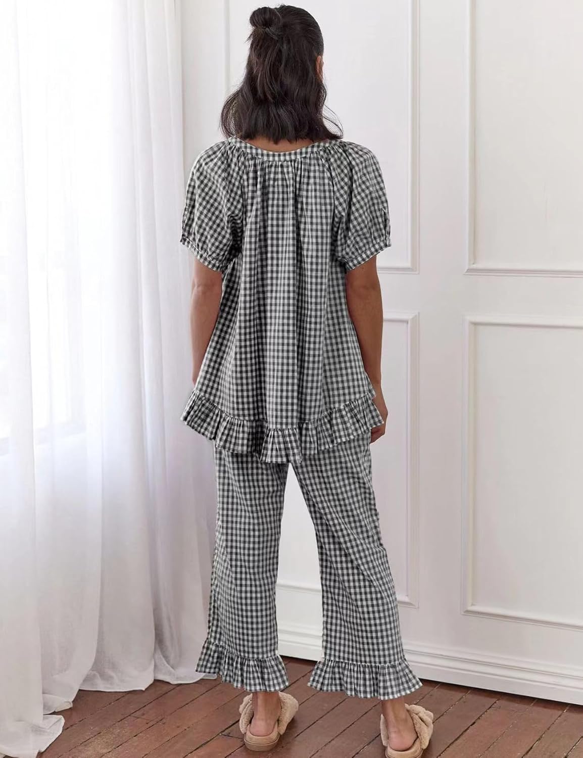 COZYPOIN Womens Gingham Pajama Set 2 Piece Plaid Cotton Pjs Cute Ruffle Sleepwear Maternity Bridesmaid Pajamas Loungewear - Image 6