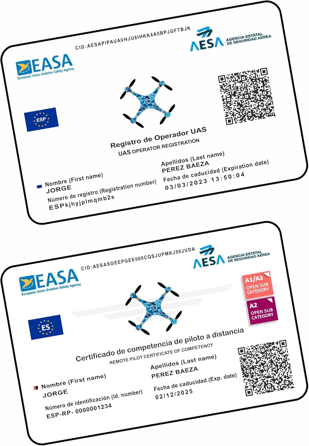 ● TARJETA DE PVC EASA ● Impresión Una cara ● Impresión Doble cara ● Número de Operador + Certificado de Piloto de drones | A1/A3 | A2 | STS (1 Tarjeta | Impresión a Doble Cara)