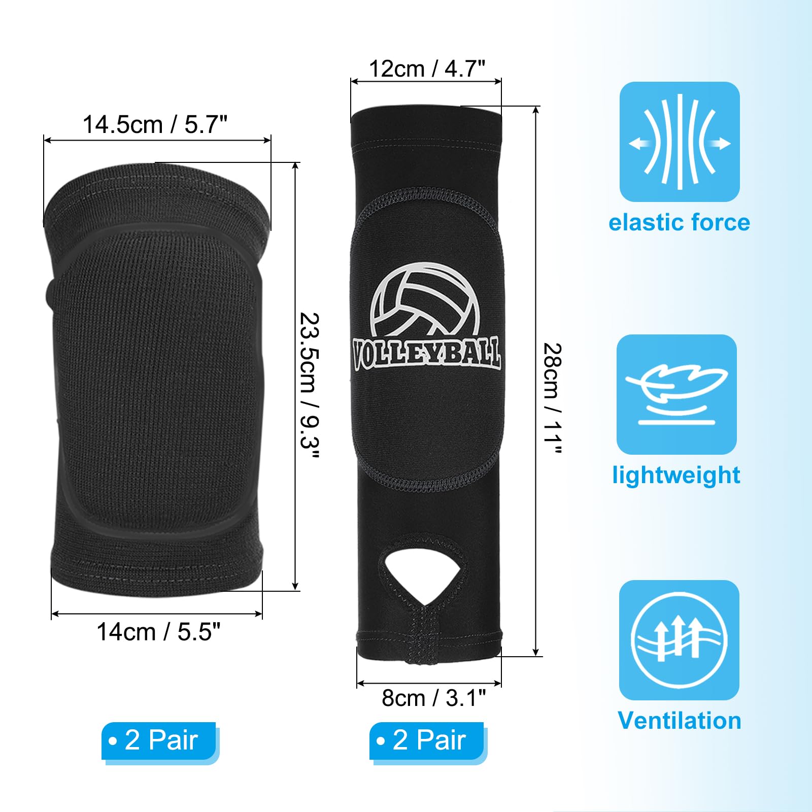 PATIKIL 4 Coppie Set Ginocchiere Maniche Pallavolo 5.7"/5.5" Nero