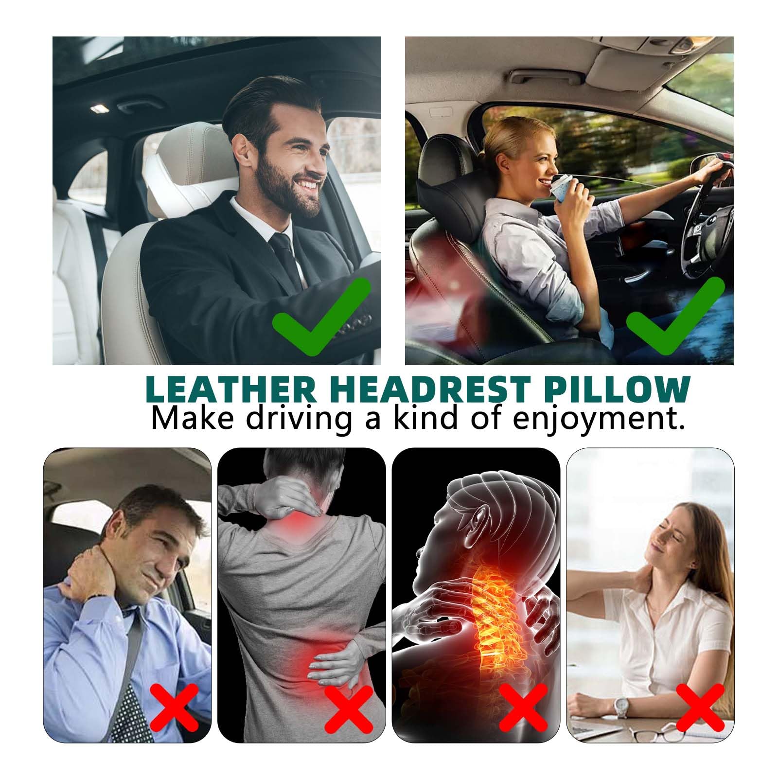 TOPABYTE Cuscino Poggiatesta Auto in Pelle e Schiuma di Memoria, Supporto Testa per Seggiolino Auto Cervicale per Guida, Ergonomico Cuscino da Collo Pillow, Rimovibile, 2 Pezzo, Nero