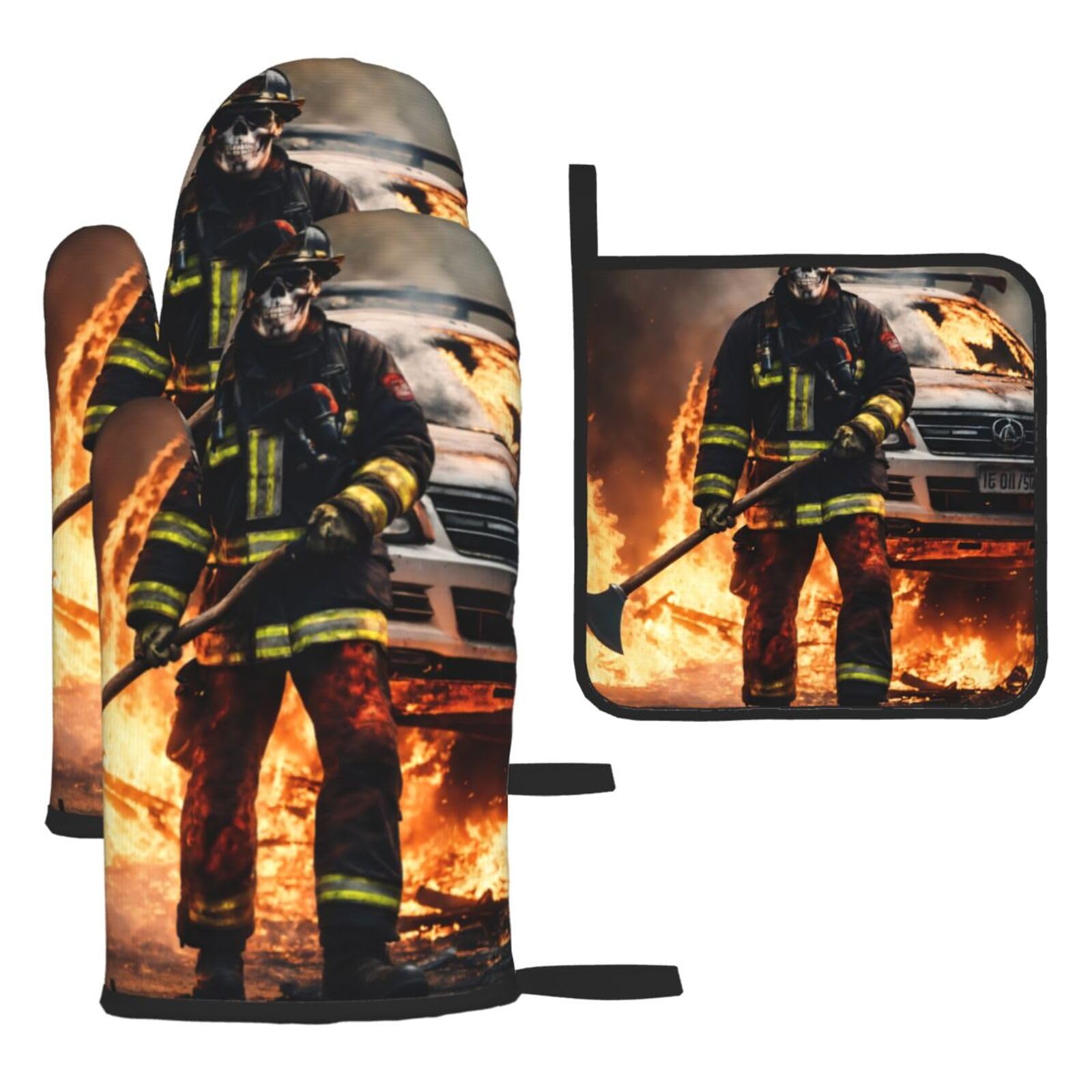 Firefighter Fireman Flame Print Oven Kitchen Gloves For Baking Outdoor Grilling Home Use Mitts Microwaving Bbq