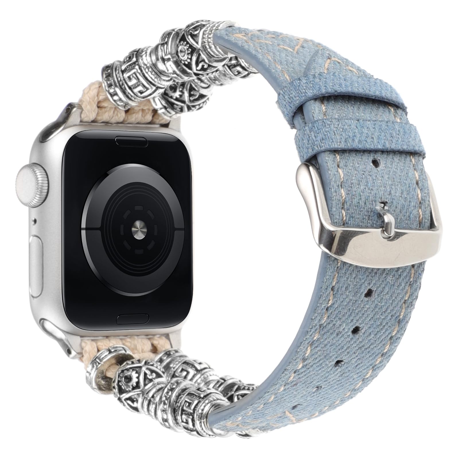 Retro Denim Leather Band Compatible with Apple Watch Band 38mm 40mm 41mm, Ethnic Fashion Handmade Boho Metal Beaded Wristband Jewelry Bracelet Strap for iWatch Series 9 Ultra 8 7 6 5 4 3 2 1 SE
