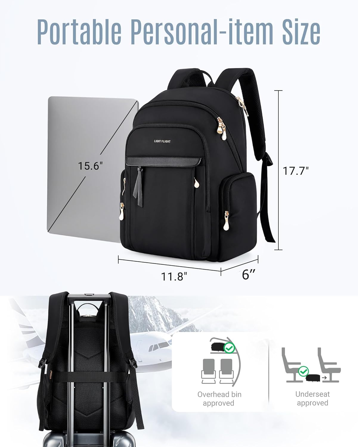LIGHT FLIGHT Laptop Backpack for Women, 15.6 Inch Work Bag Business Backpack, Water Resistant Travel Bags for College, Black - Image 2