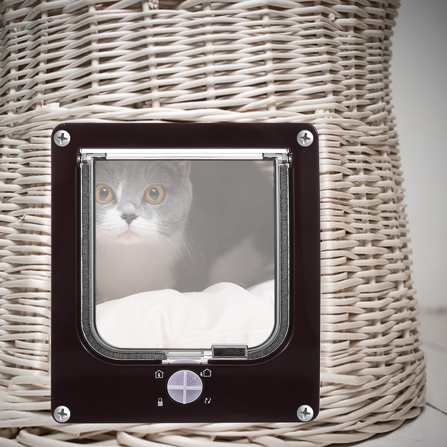 Pet Door Cat Flap with Rotating Lock Heavy Duty Brown Medium Kitten Flap for Controlled Entry and Exit Indoor Use