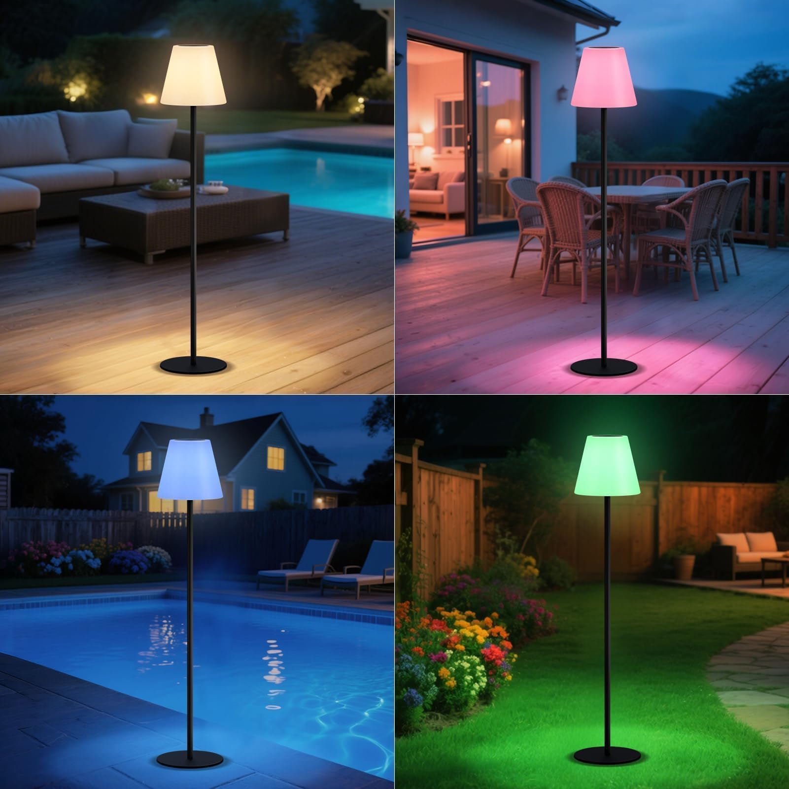 Lámpara solar de pie para exteriores, recargable por USB, inalámbrica, regulable, RGB de color blanco cálido, luces LED para patio, jardín, patio
