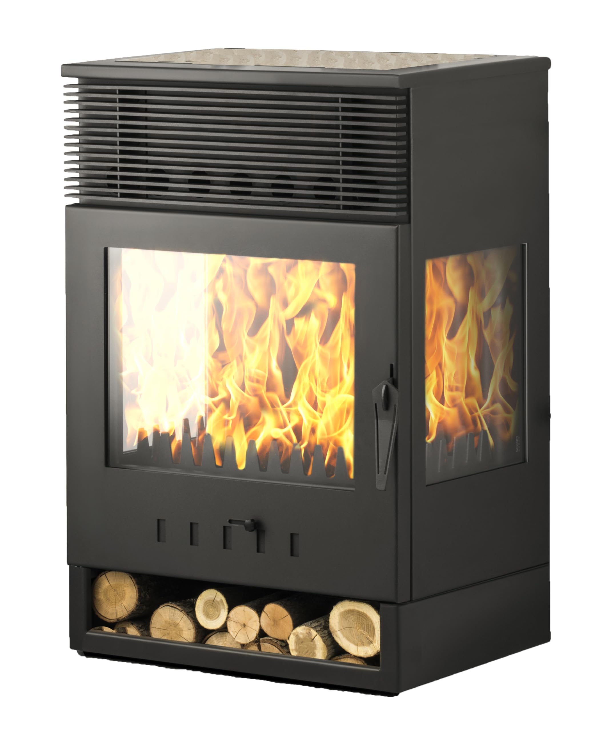EIDER BIOMASA Estufa de Leña TOKIO VENTILADA – 12,85 kW – Rendimiento 85,6% – Hasta 230.0 m³ – Doble Combustión – Certificada CE
