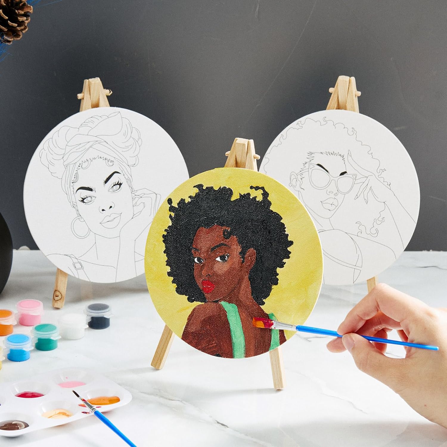 Supervitae 72 Piece Black Girls Round Pre Drawn Canvas Kit 5.9" Paint and Sip Kit for Adults Painting Party Pre Printed Canvas DIY with Pictures Paints Easels Brushes for Party Gifts