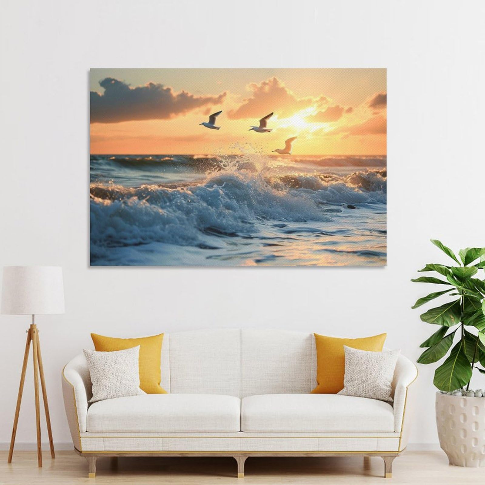 Amazon.co.jp: 絵画 夕日の波とカモメインテリア 絵画 美しい海の景色