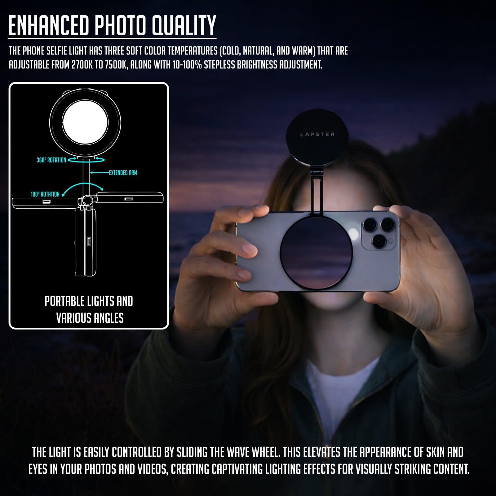 Lapster Luma Flex Magnetic Selfie Ring Light with Makeup Mirror, 3 Color Modes, 360° Rotatable, Type-C Rechargeable, for Phone, Laptops, Tablets & Other Gadgets — Amazon image 6