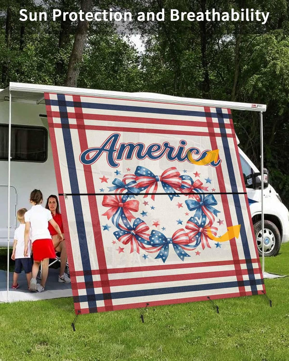 RV Awning Sun Shade Screen 9' x 7', 250 Anniversary USA Flag Mesh RV Awning Shades Complete Kits, Blue Red American Wreath Sunlight Blocker Outdoor Canopy for Camping Trailer Motorhome