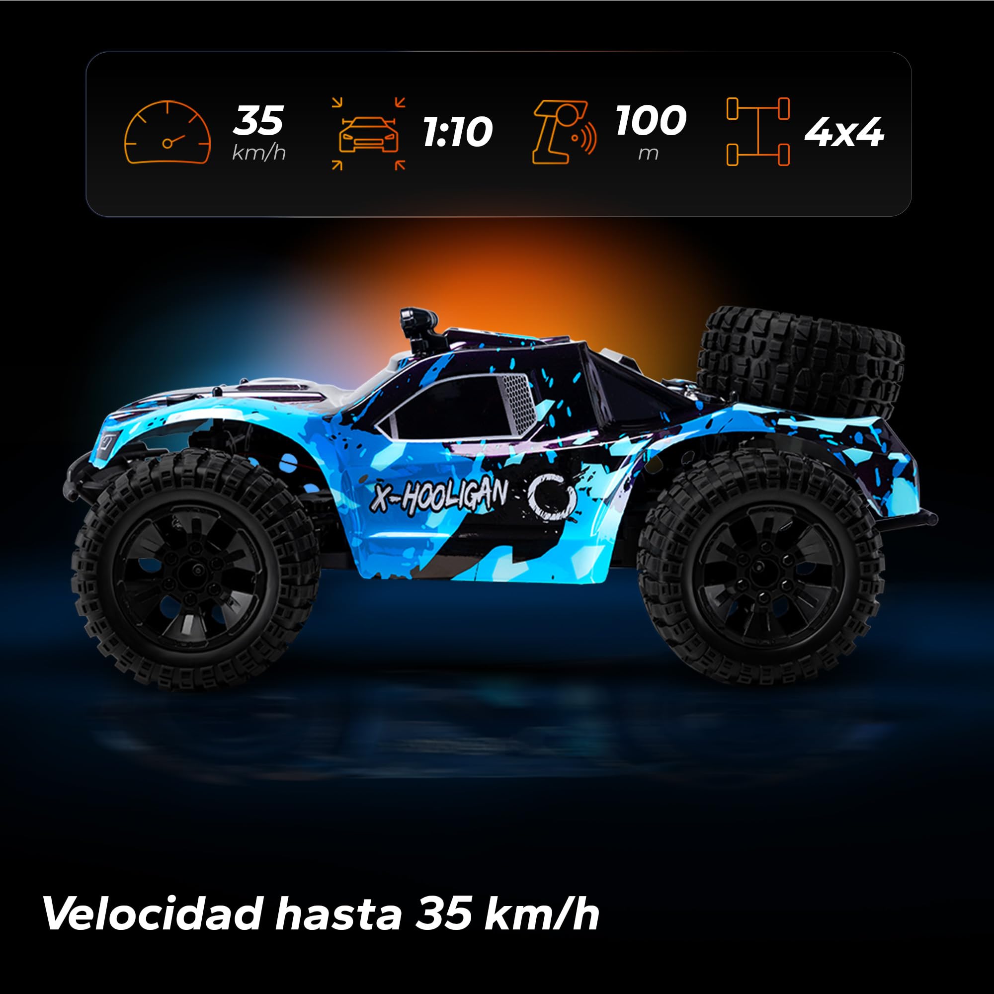 Overmax X-Hooligan Gran Coche de Control Remoto Rápido Escala 1:10 Velocidad 35 km/h Alcance 100 Metros 4x4 Drive 40 Minutos Conducción Diversión Iluminación LED | Batería/40 min, IPX5, neumáticos de 10 cm, LED, accionamiento de metal