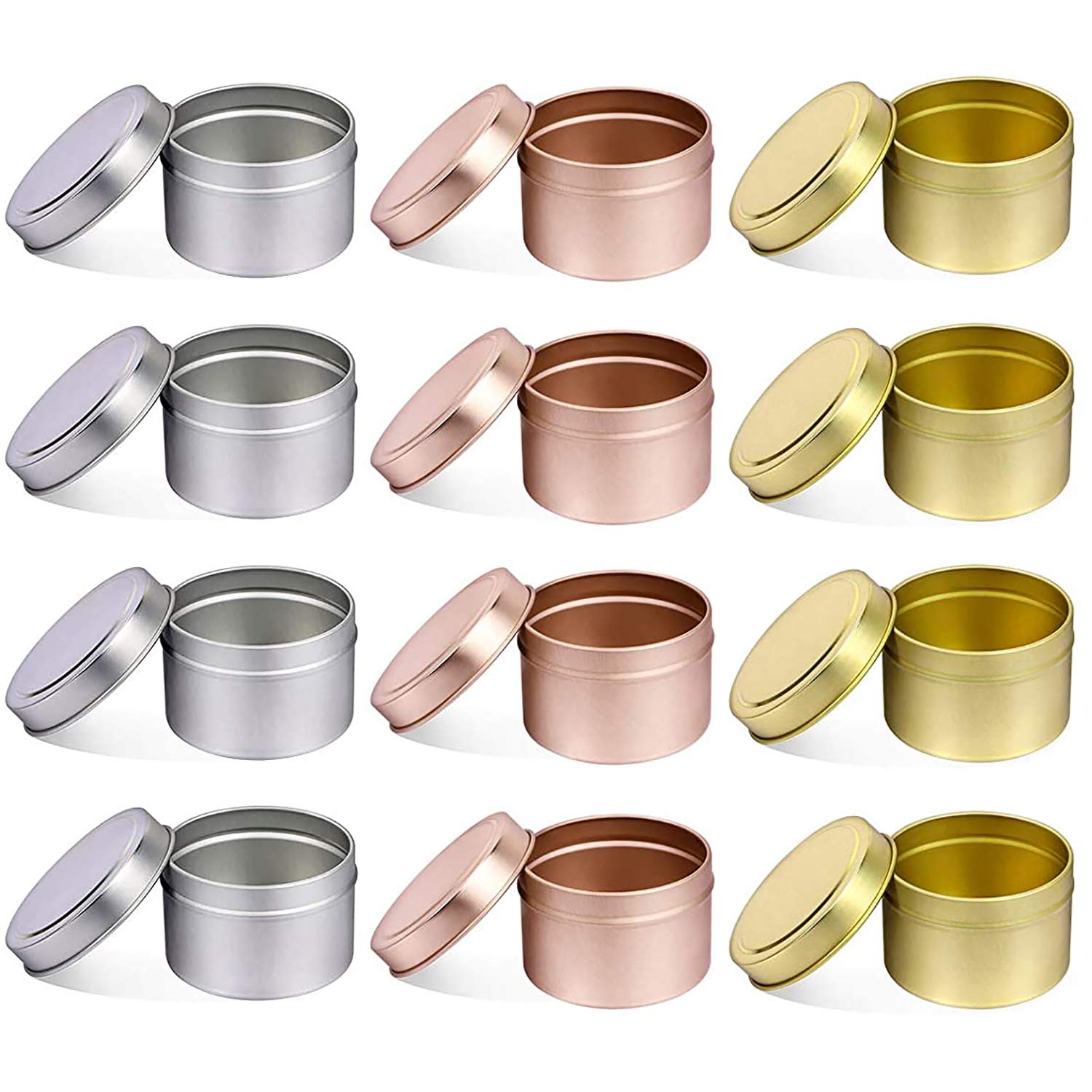 Candle Containers with Lids, 12 PCS 5 OZ Decorative Round Metal Candle Tins Bulk, Reusable Candle Jars for DIY Candle Making, Arts Crafts Supplies, Dry Storage,Party Favor(4Silver+4Gold+4RoseGold,5OZ)