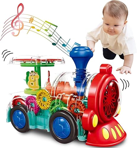 Tooty - Juguete de tren transparente, divertido e interactivo, juguete de tren eléctrico para niños, tren musical con luz LED, engranajes móviles