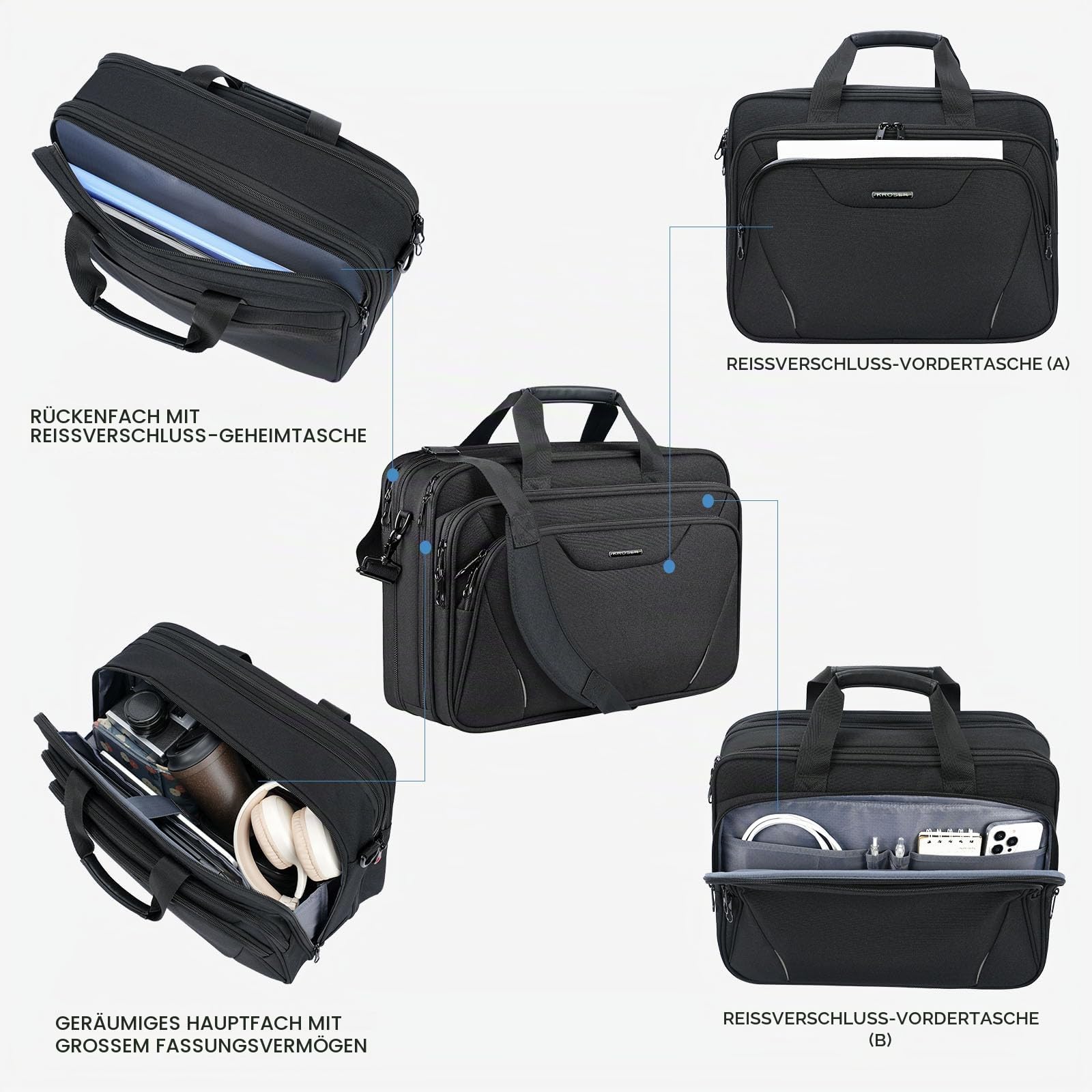KROSER Laptoptasche 18 Zoll Handtasche bis 17,3 Zoll Laptop, Schwarz/Grau